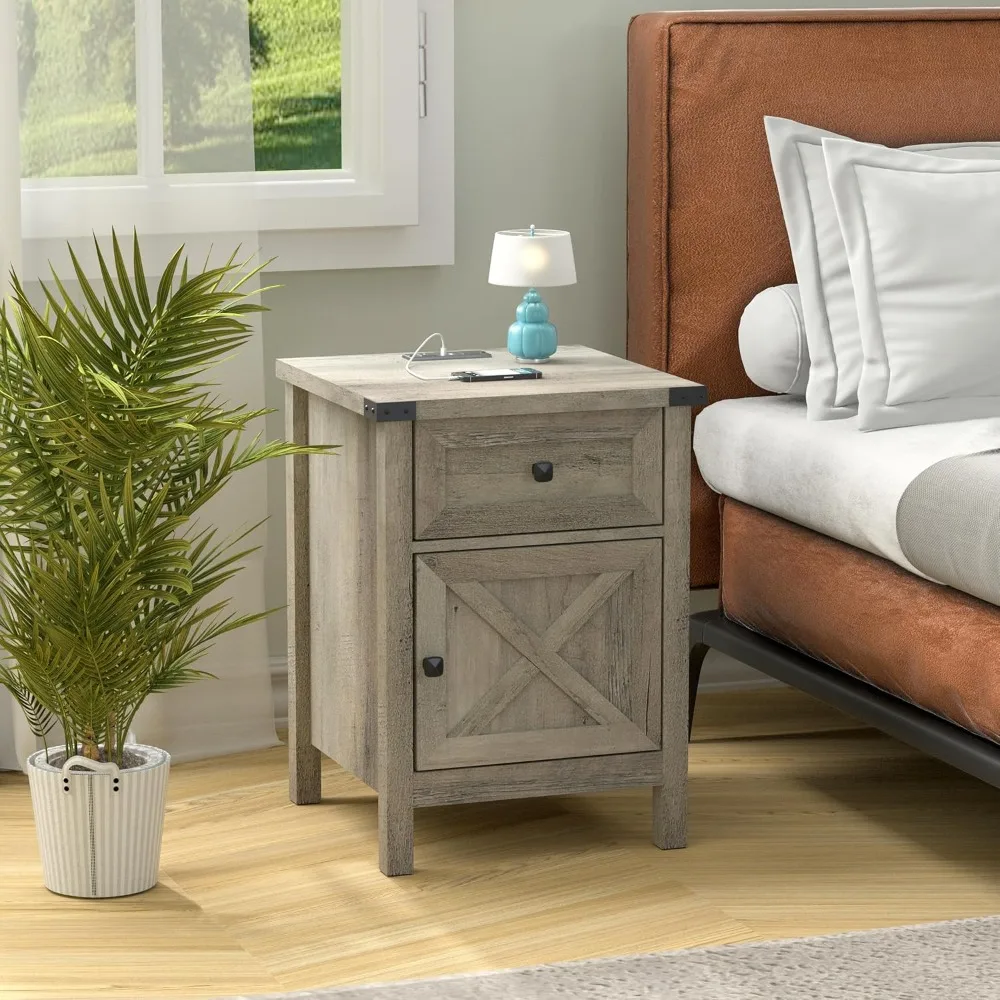 

Rustic Nightstand with Charging Station, Night Stand with Barn Door and Drawer, Storage Bedroom Living Room Bedside Table