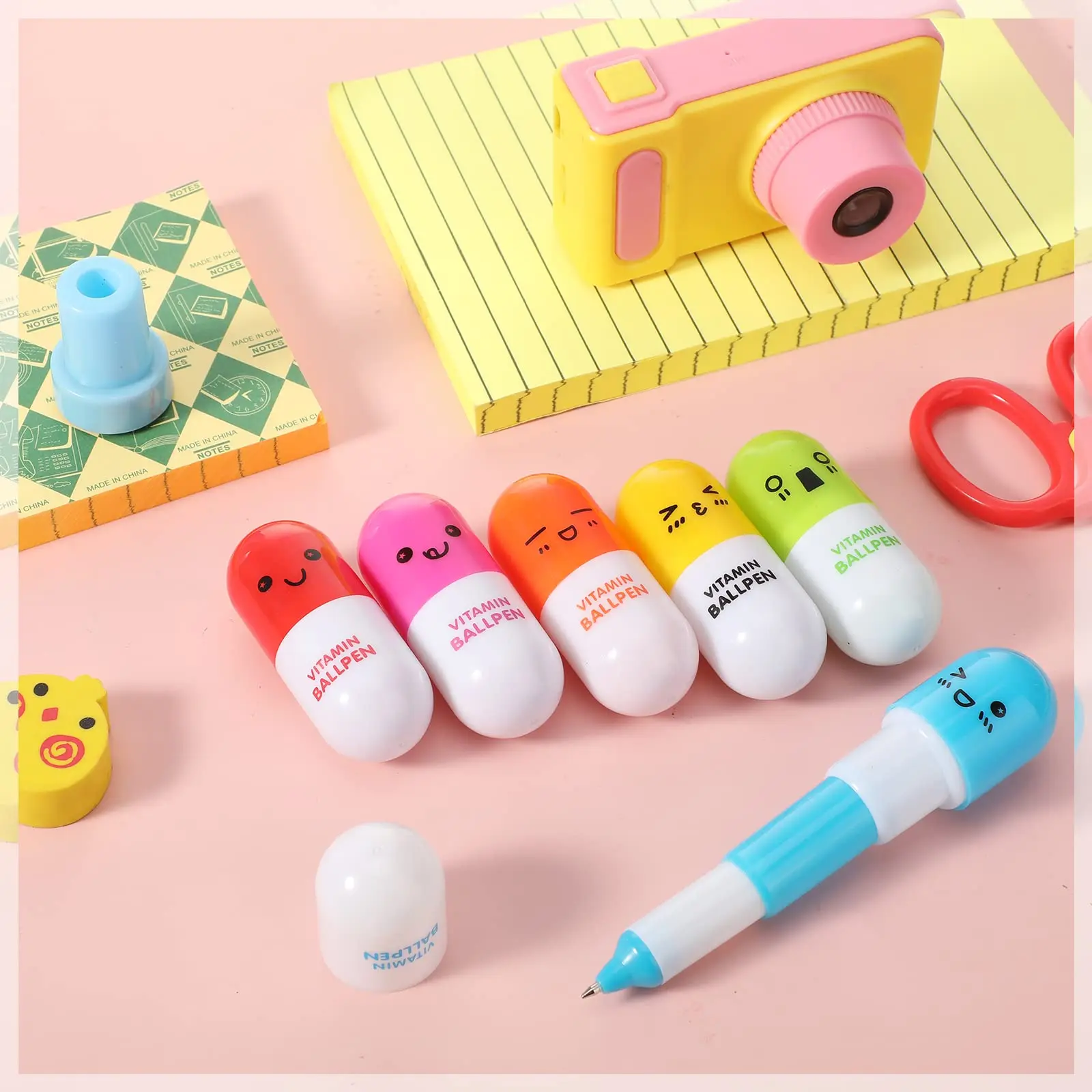 48Pcs Cute Smiling Face Pill Ball Point Pen  Stationery Telescopic Vitamin Capsule Ballpen For School Use