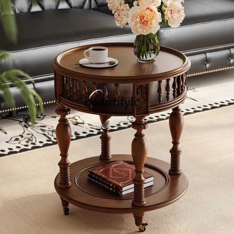 

French retro solid wood trolley American living room movable coffee table medieval style side table