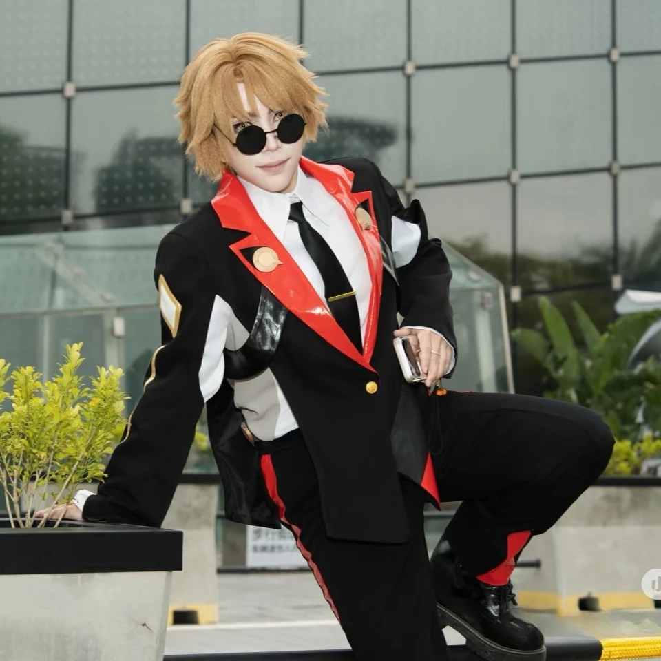 Lyndon Skott Cosplay Costume Men Black Suit with Red Lapel and Pants Full Set Honkai：Star Rail COS Suit Wig  Rolelay Outfit view 2