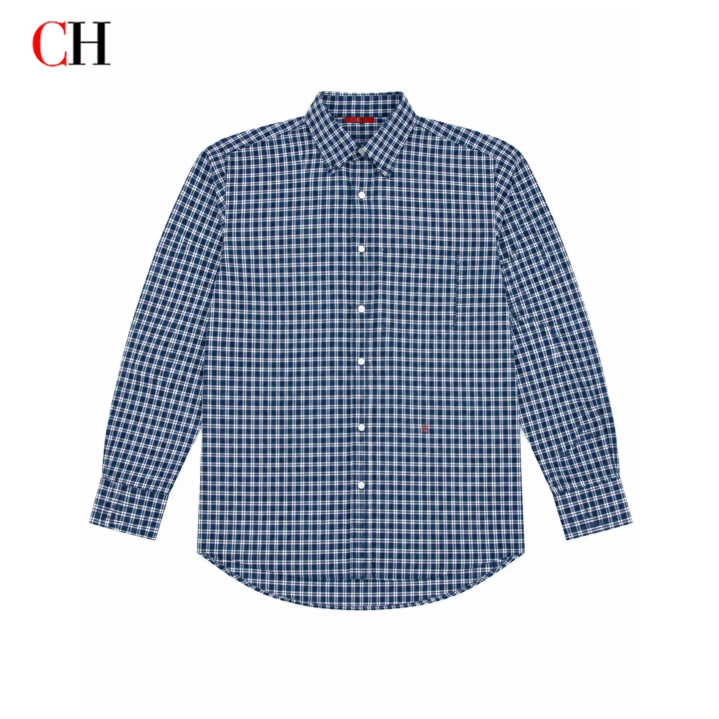 CH Mens Essential Lapel Subtle Letter Embroidery Full Grid Long Sleeve Shirt Office Casual Dual Use Top