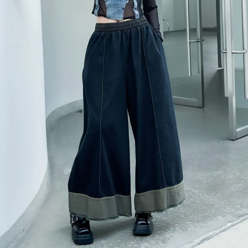 HKSH Lente Herfst Nieuwe Vrouwen Wijde Pijpen Jeans Elastische Taille Kleurblok Amerikaanse Retro Veelzijdige Casual Chic Denim Broek HK17498