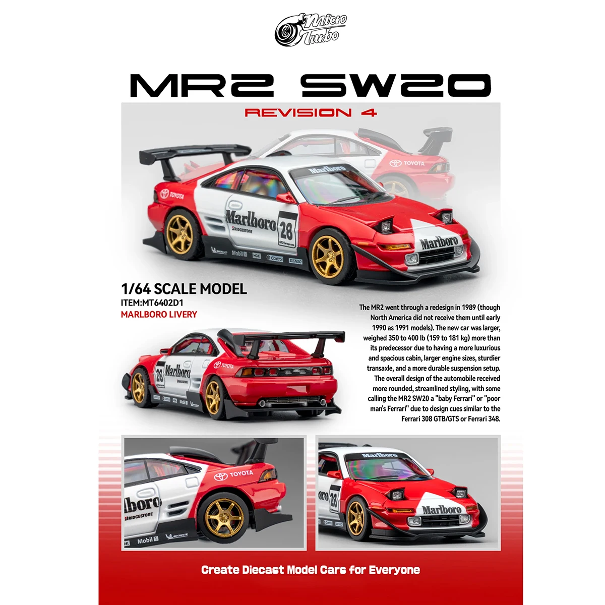 Micro Turbo 1:64 Toyota MR2 SW20 Revision 4 Classic Red White Racing Livery Diecast Model Car Item#MT6402D1 In Stock