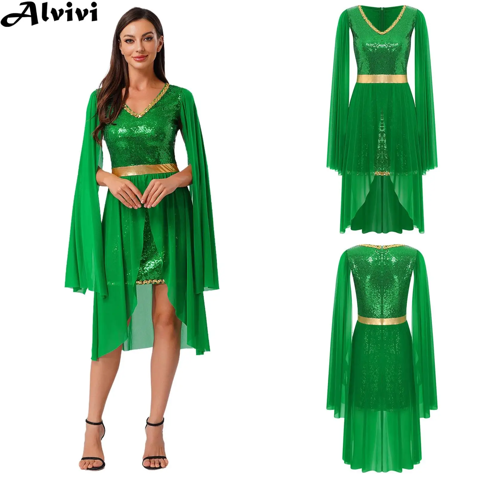 

Women Sleeveless Drape Mesh Overlay Shiny Sequin Elf Princess Dress Halloween Carnival Butterfly Forest Fairy Cosplay Costume