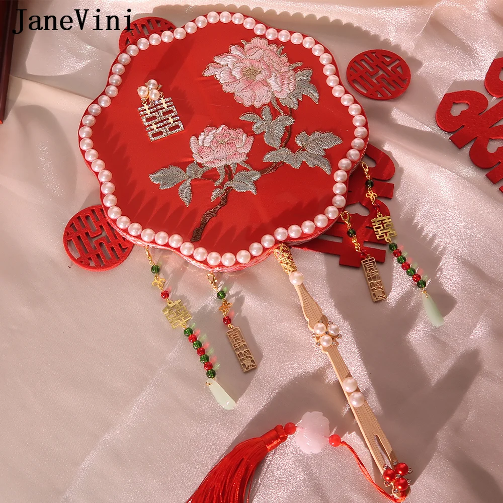 JaneVini Chinese Style Embroidery Flowers Fan Ancient Wedding Bouquets Luxury Pearls Beaded Tassel Bride Hanfu Hand Fan Jewelry