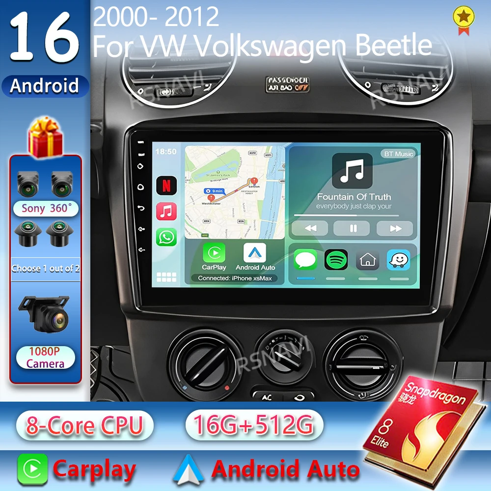 Radio para Auto Android 16 para VW Volkswagen Beetle 2000-2007 2008 2009 2010 2011 2012 Navegación GPS Reproductor Multimedia Estéreo Carplay