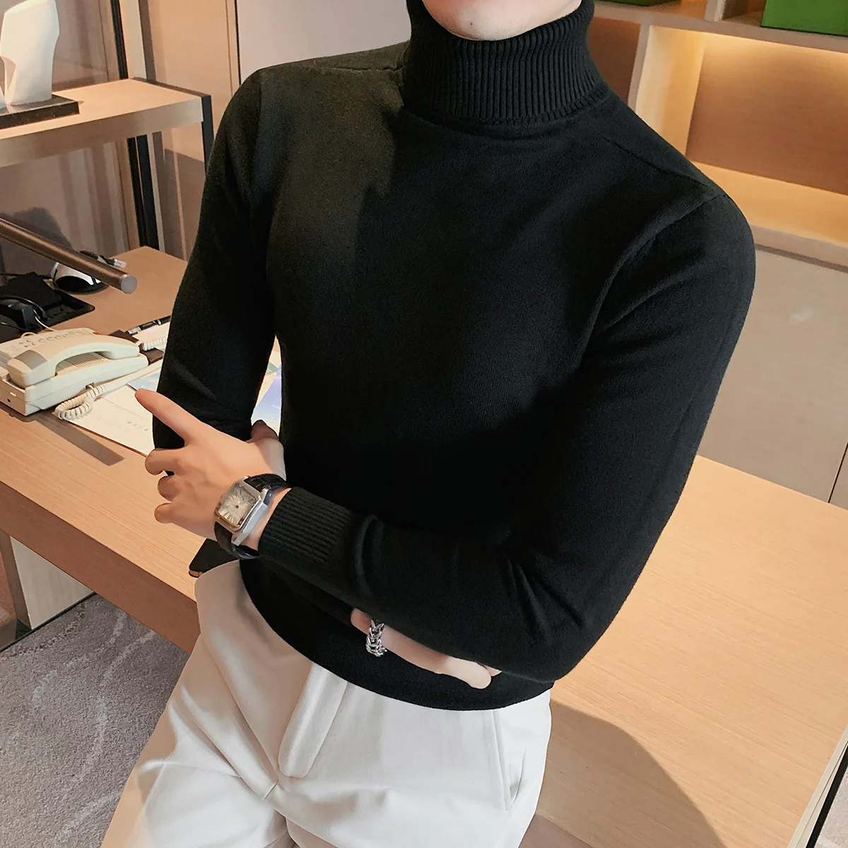 

Мужской вязаный свитер с высоким воротником Long Sve Slim Fit Casual Sle Pure Color Дышащий удобный зима-осень Base irt