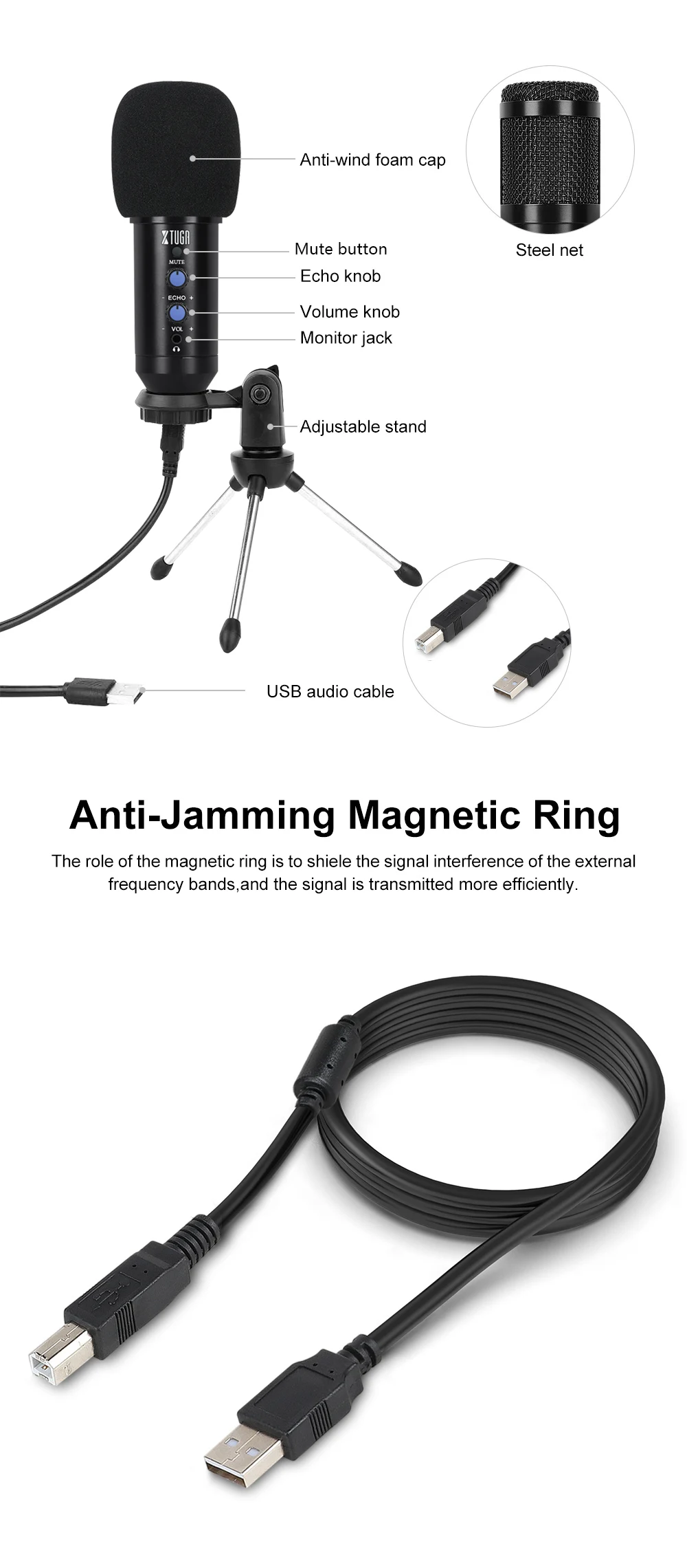 Dieci articoli TLF Xtuga China Factory Wholesale Pro USB Microfono a condensatore per PC USB Treppiede Set di microfoni da tavolo