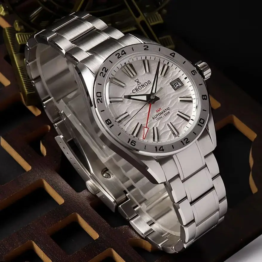 CRONOS Men Automatic Watch 39mm GMT Mechanical Wristwatch Diver 100m Waterproof Sapphire Sport BGW-9 Luminous NH34 Desert Dial