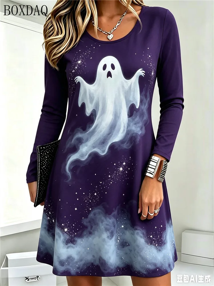 2026 Autumn Women's Casual Dress Long Sleeve Round Neck Halloween Ghost Pattern Printed Loose Dresses