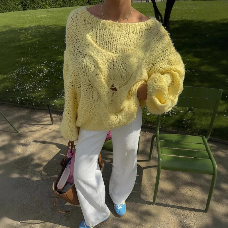 

Autumn and Winter Lazy Wind Fresh Sweater Solid Color Hollow Off-shoulder Cuff Women's Sweater