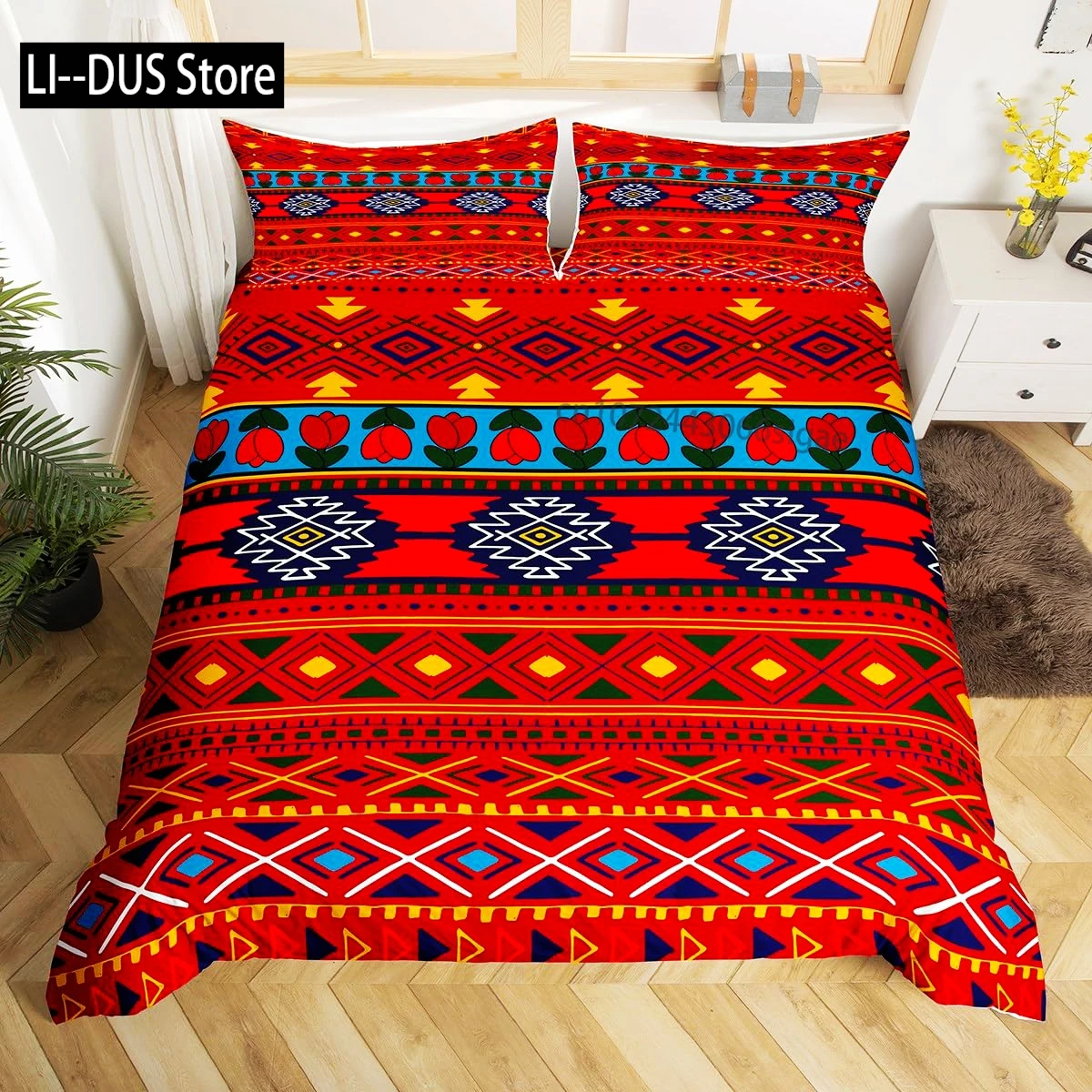 Aztec Duvet Cover Set, Geometrical Indigenous Art, Decorative 3 Piece Bedding Set with 2 Pillow Shams, Twin Full Queen King Size