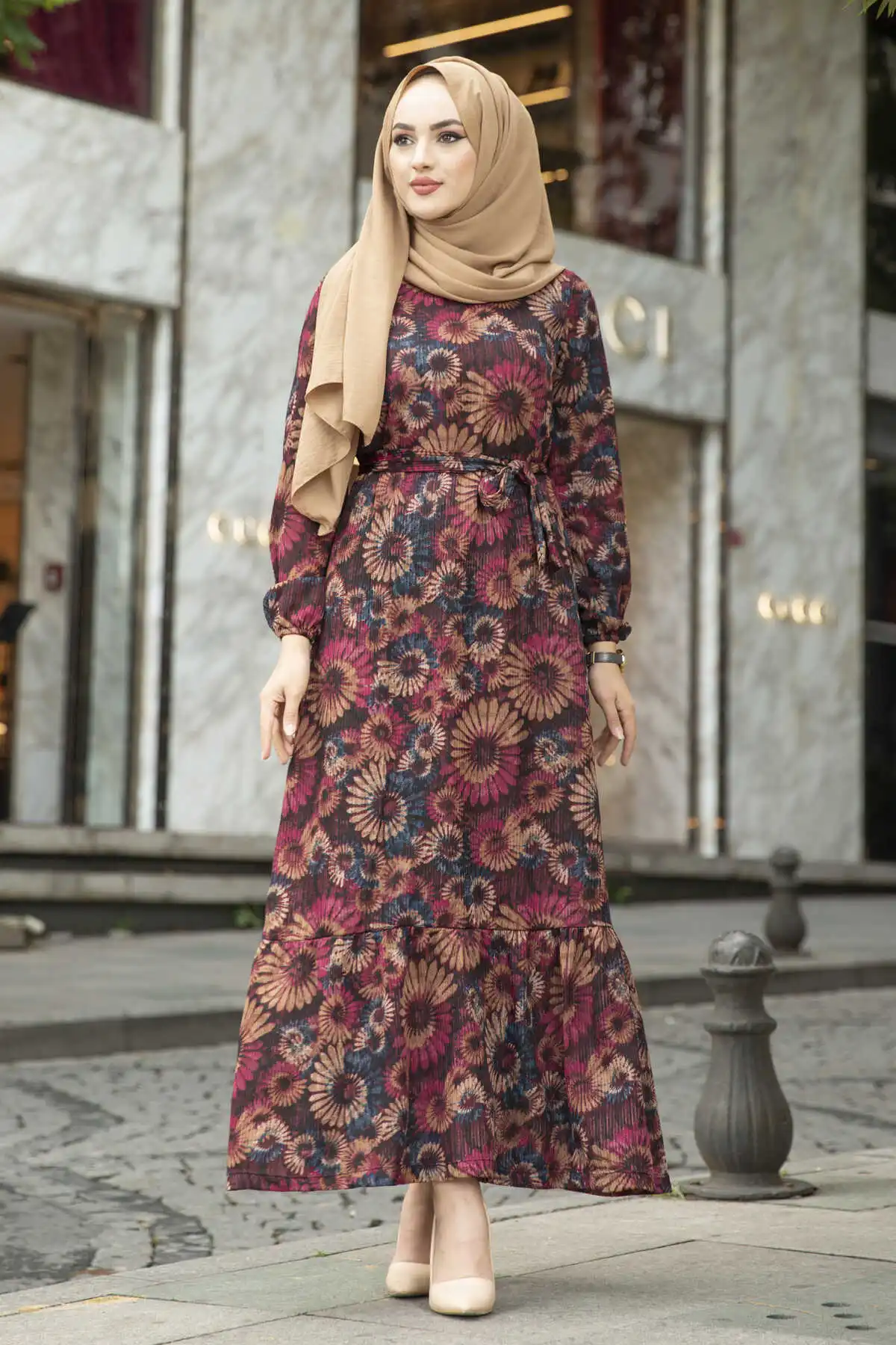 Flower Pattern Camisole Dress NY Şarabi Winter Autumn 2021 Muslim Women Hijab headscarf Islamic Turkey