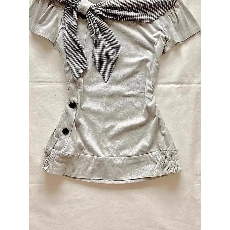 

Vintage Bow T-Shirts Women Gray Slim Fit Short Sleeve Tees Y2K Casual Ruched Tops Fashion Trendy Summer Streetwear Outfit Chic