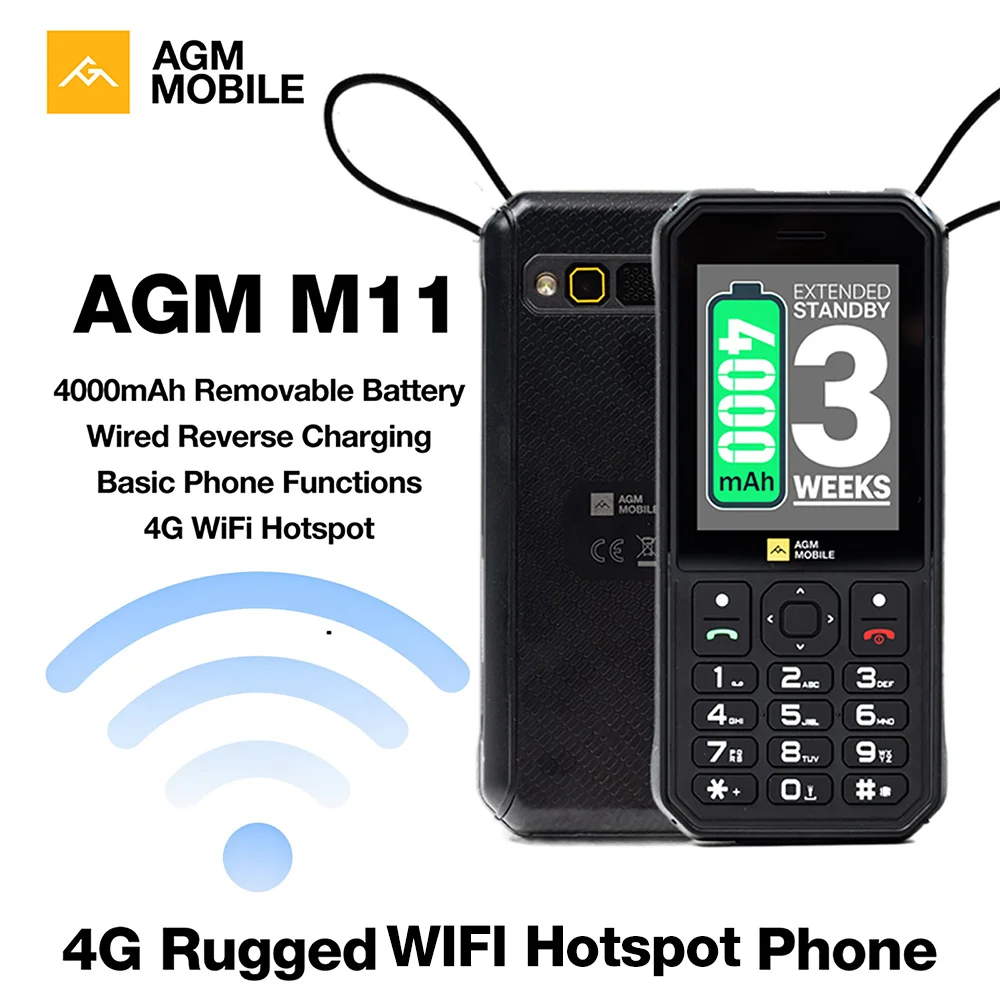 AGM M11 4G Robustes Feature-Phone mit WLAN-Hotspot, Kabelgebundener Rückladung, 4000mAh Akku, Notfall-Ladegerät, Cloud-Telefon, Wasserdicht