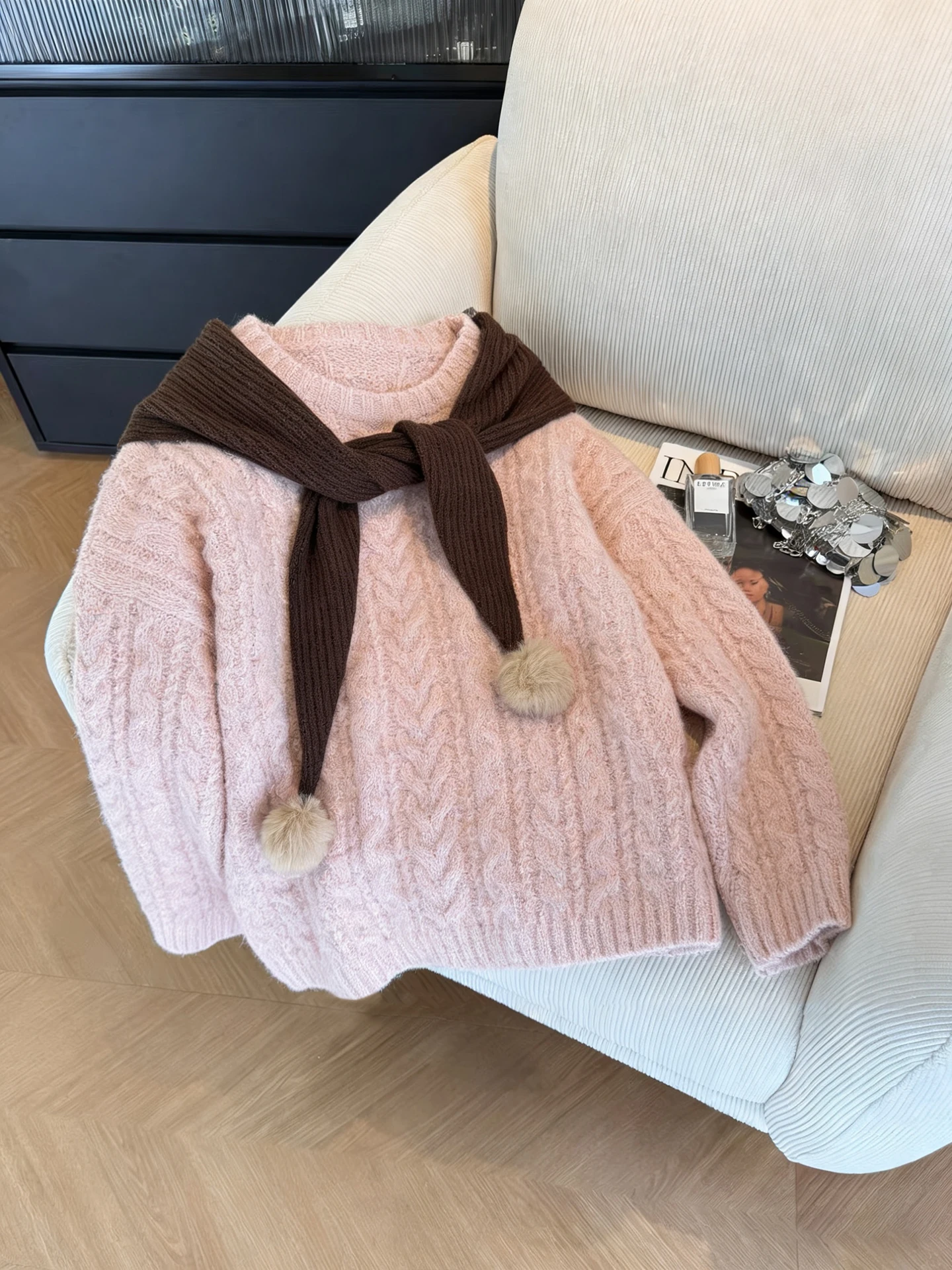 

Loose Fit Long Sve round Ne Knitted Sweater Women's Casual Sle Pink Knitwear Versatile Spring Autumn Top