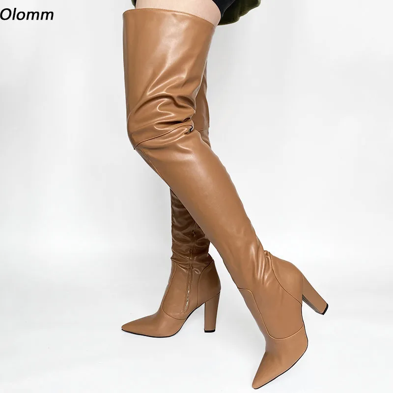 

Olomm Handmade Women Winter Thigh Boots Side Zipper Chunky Heels Pointed Toe Elegant Khaki Red Cosplay Shoes Plus US Size 5-15