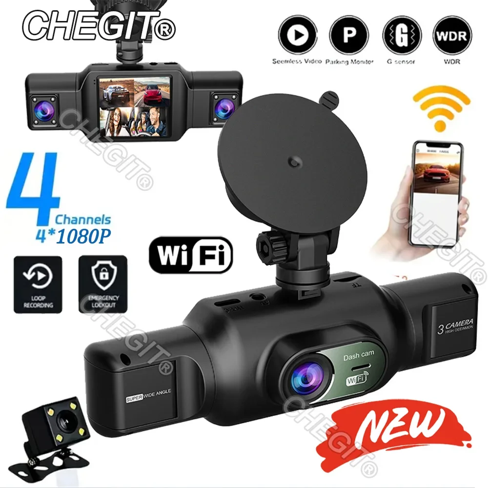 

360° Car Dash Cam 4 Channels 1080P Car DVR WIFI APP Video Recorder Front inside Rotatable and Rear View Night Vision Black Box