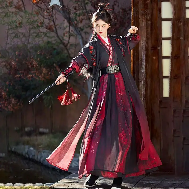 الغبار الأحمر Hanfu سونغ سلالة نمط البطولية الخصر عالية عنصر فنون الدفاع عن النفس وسيم عبر طوق بارد ومحلقة زي القديمة