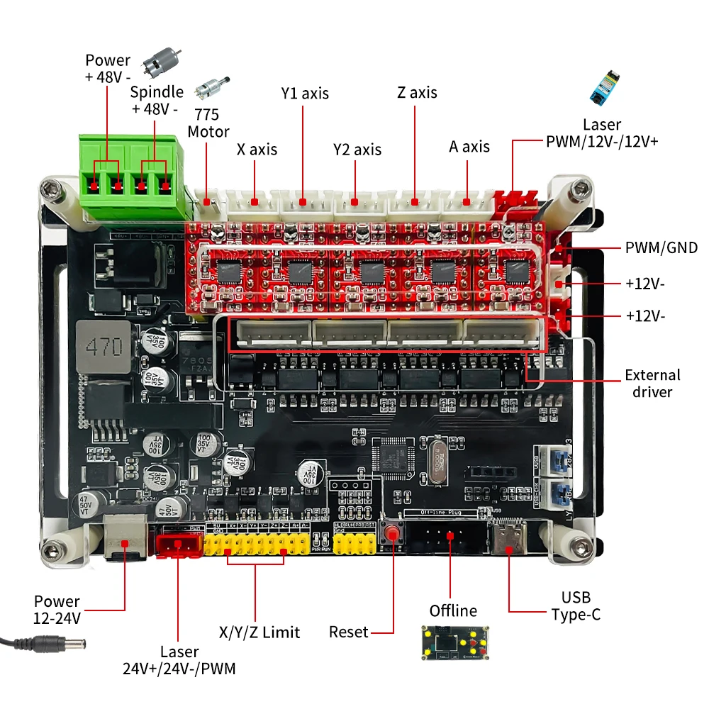 32bits GRBL Offline Controller A4988/8825 Driver 4 Axis Control Board Support Laser 300/500W Spindle for CNC Engraving Machine