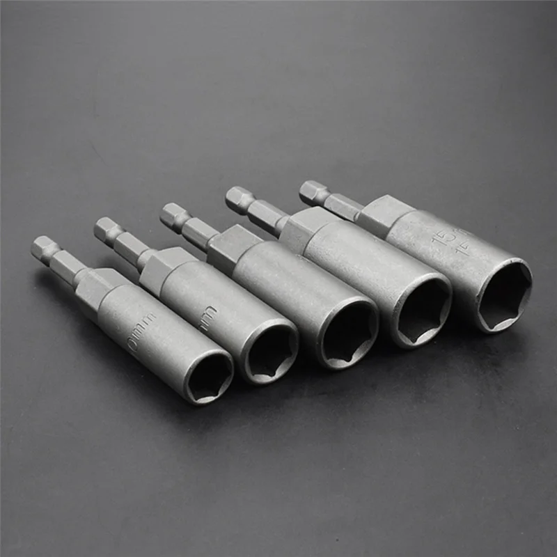 15Piece 80Mm Length Deepen Power Nut Driver Drill Bit Set 5.5-19MM Gray-Black For Power Tools 6.35MM Hex