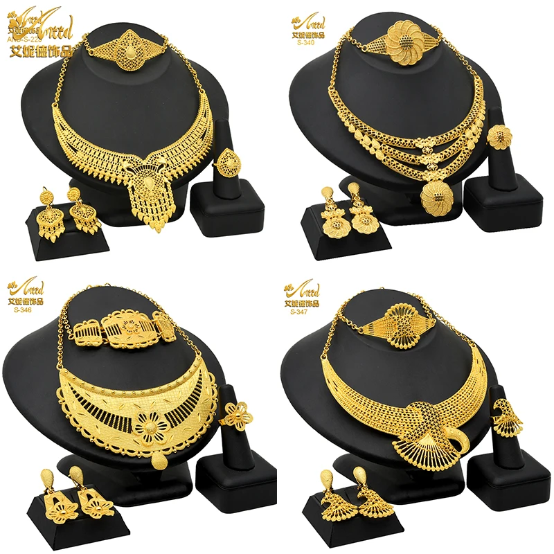 

ANIID Dubai Gold Plated Jewelry Set For Women Indian Earring and Necklace Nigeria Moroccan Bridal Wedding Party Gifts Wholesale