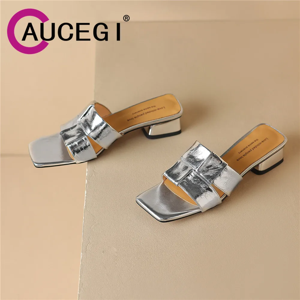 

Aucegi 2024 Genuine Leather Square Peep Toe Summer Weave Sandals Slipper Thick High Heels Mature Office Lady Elegant Party Shoes