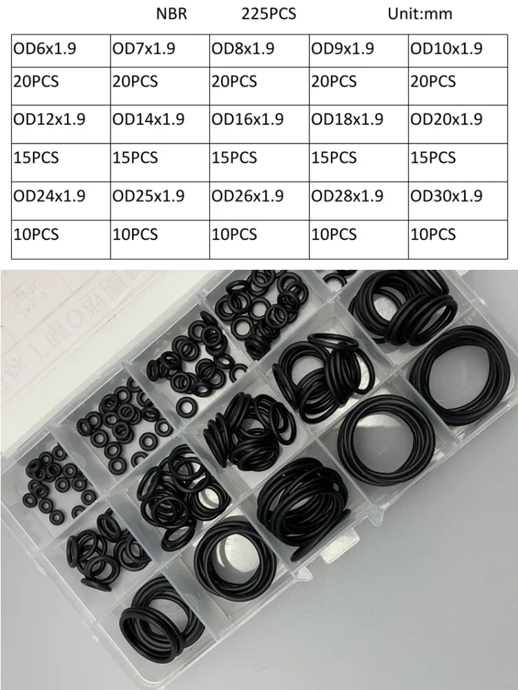 NBR Oil Resistant O-Ring Assortment 1.9mm Wire Dia 225PCS Rubber Gasket Seals Various ID Sizes Car Brake Pump Water Tube