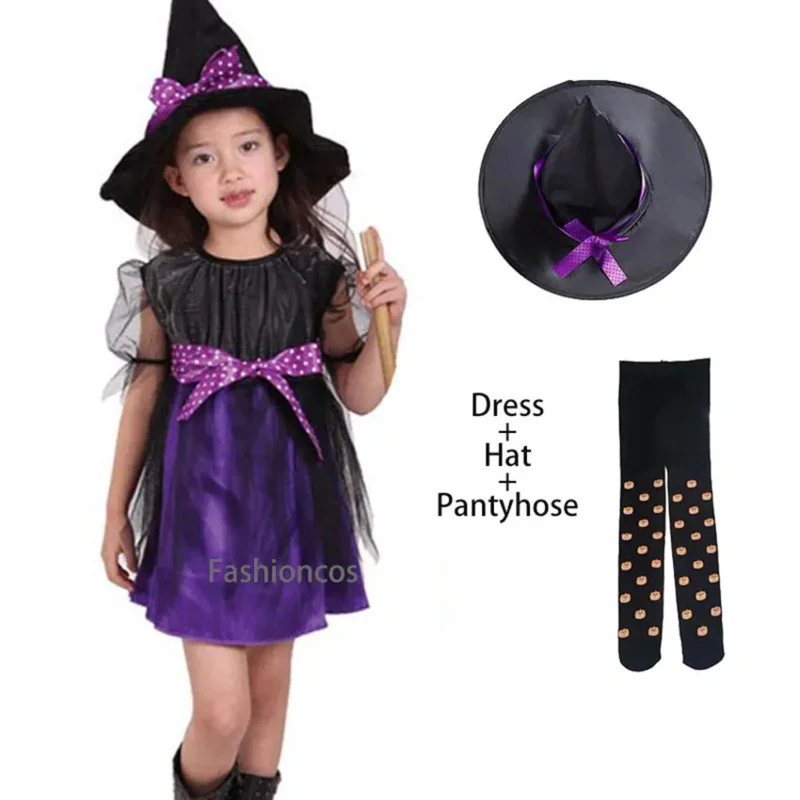 Детский костюм ведьмы на Хэллоуин для девочек, карнавальное платье для косплея с остроконечной шляпой, детская одежда, костюмы на Хэллоуин для младенцев