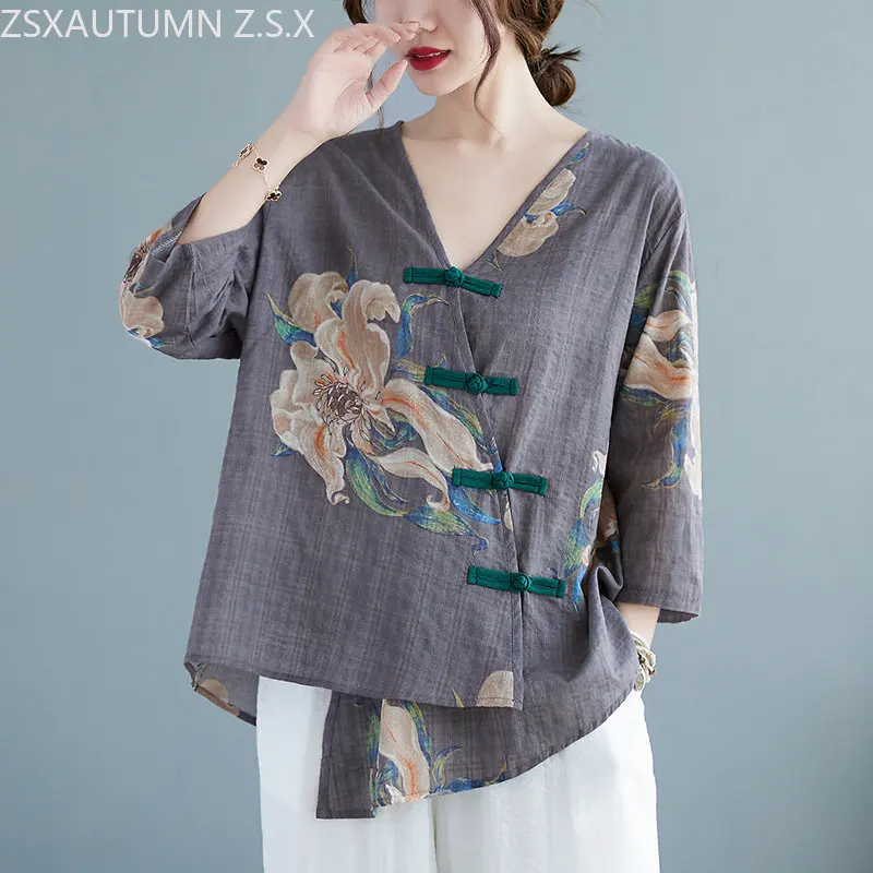 China Cotton Linen V Neck Tops Women Traditional Tang Suit Blouses Chinese Style Harajuku Irregular Printing Vintage Shirt Hanfu