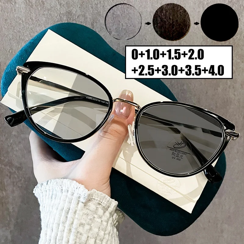 

New Stylish Women Photochromic Glasses Men Vintage Retro Cat Eye Reading Glasses Outdoor Fashion Anti-UV Hyperopia Eyewear