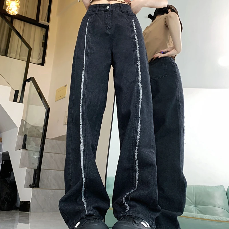 Deeptown Y2k Balck Women Jeans Korean Fashion Wide Leg Baggy Denim Pants Straight American Retro Autumn Hip Hop Trousers Casual