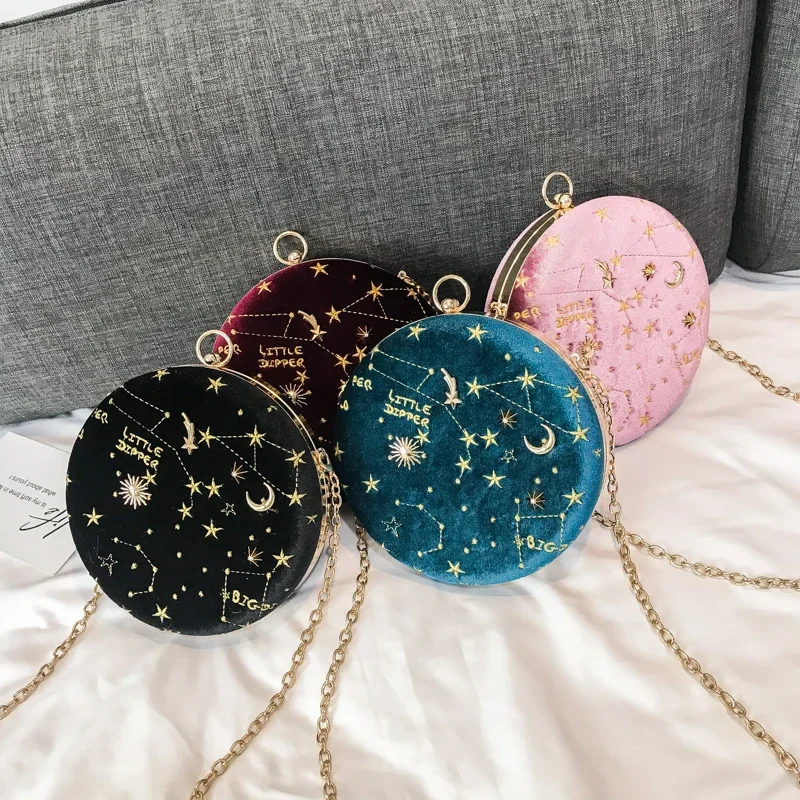 

Fashion Round Women Shoulder Bag Designer Chains Starry Sky Crossbody Bag Luxury Suede Messenger Bag Small Purses Lady Clucthes