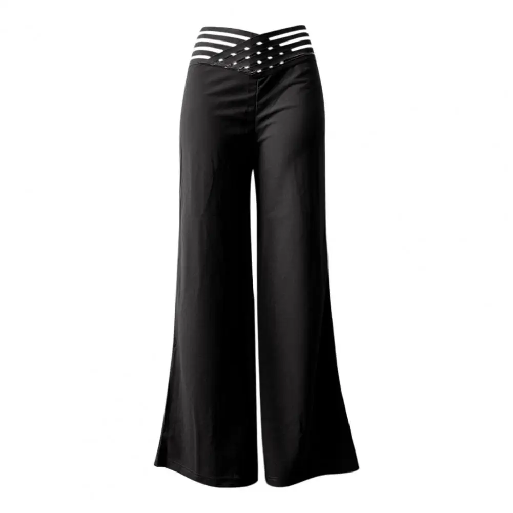 

2024 Summer Women Wide Leg Pants High Waist Hollow Cross Waistband Slightly Flared Trousers Solid Color Casual Long Pants