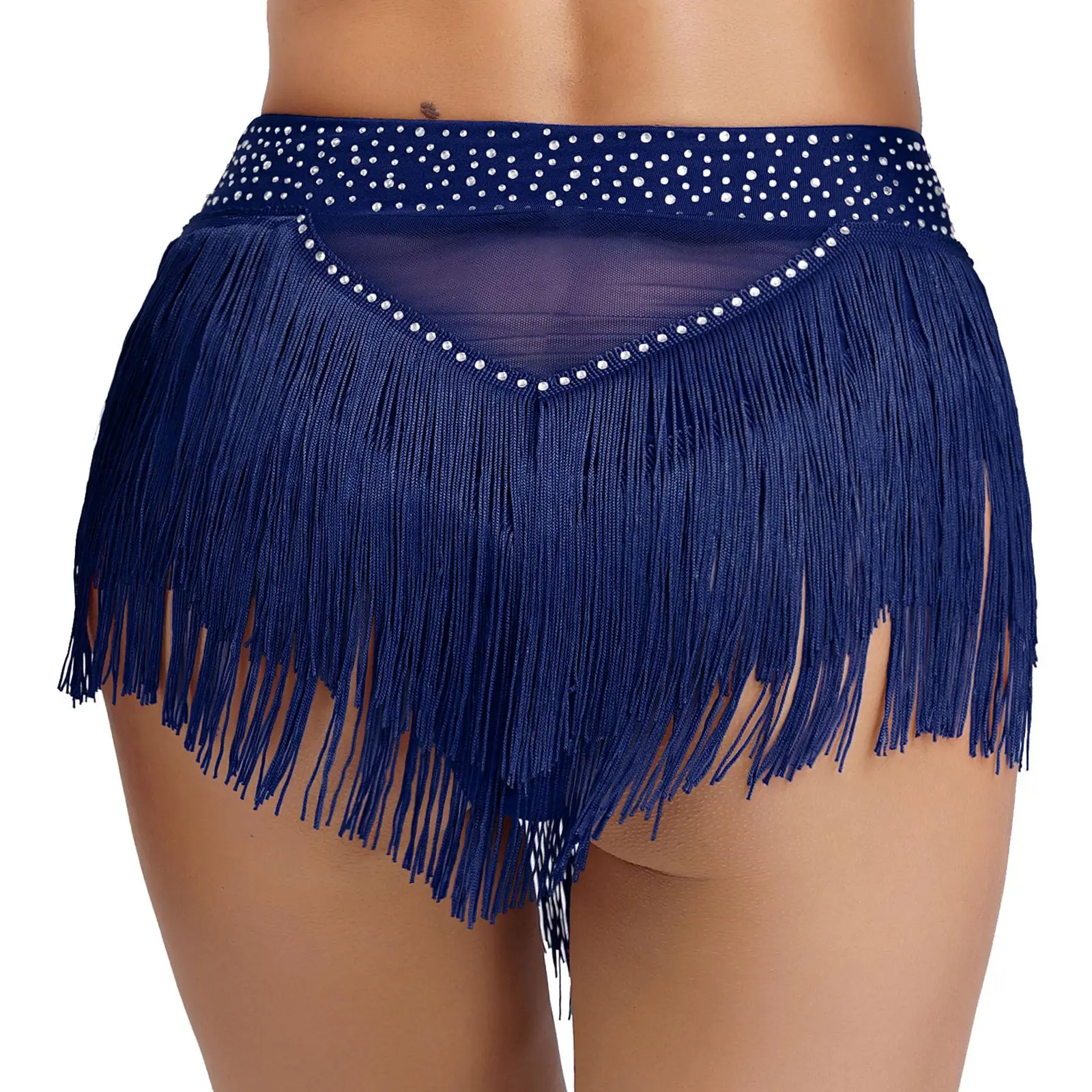 Womens Shiny Rhinestone Shorts Fringe Skirts See Through Mesh Bottoms Modern Latin Belly Dance Costume Sequins Tassel Skirts