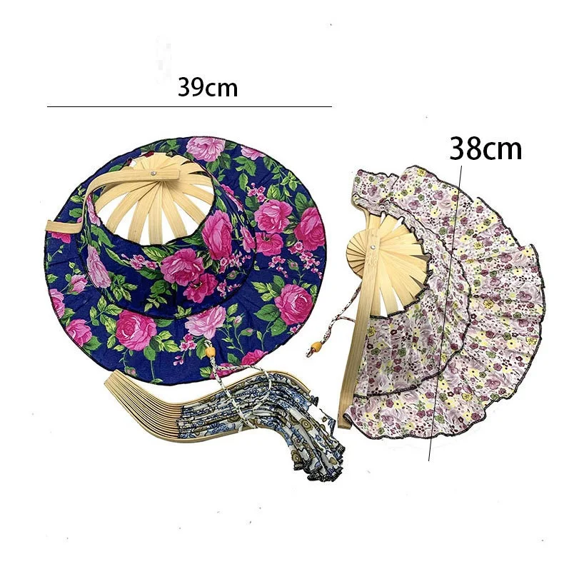 30PCS Foldable Hand Fan Sun Hat 2 In 1 Portable Floral Printed Bamboo Hat Outdoor Travel Holiday Sun Hat Summer Caps