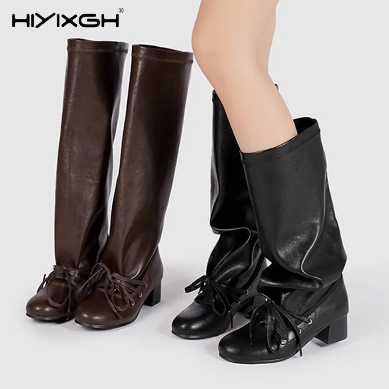 Round Toe Lace Up Ruched Slouch Boots Women Chunky Heel Knee-High Western Cowboy Boots Elegant Winter Knee High Botas Muje