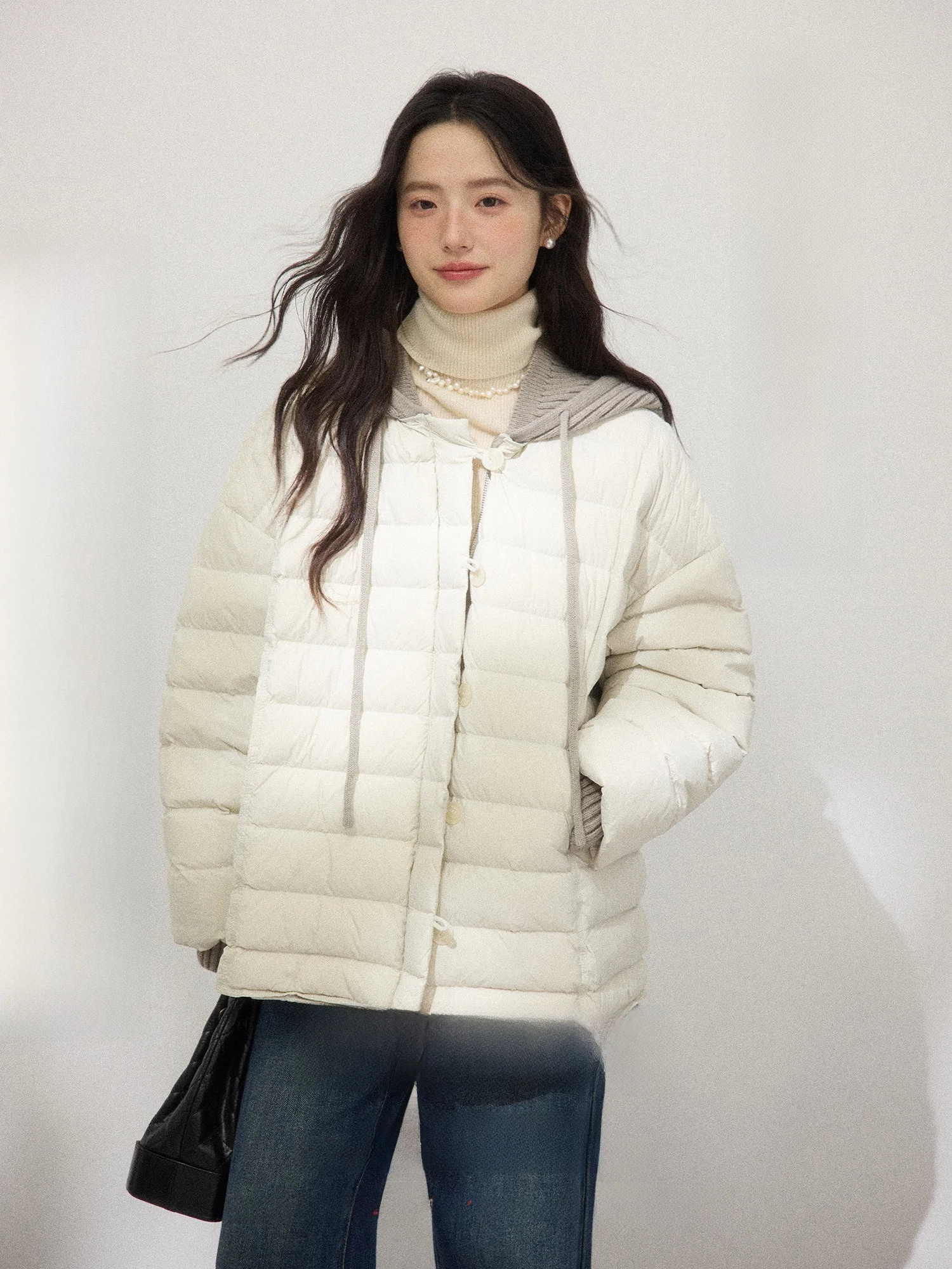 

ORWhite Women's Winter Puffer Jaet Khaki Knitted Loose ort Warm Casual Sle Du down Filling Hooded Non-Removable