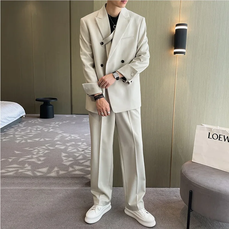 Fashiion Ivory Loose Suits For Men Boyfriend Clothing 2024 New Casual Jacket Pants 2Pcs Set Custom Made Male Wear costume homme