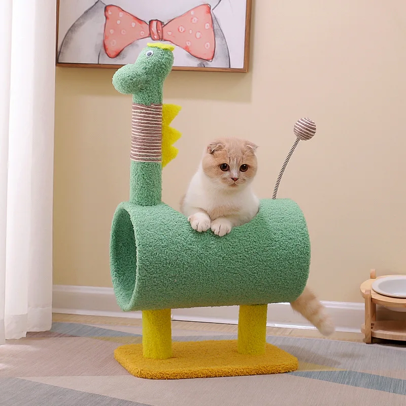 

Dinosaur-Shaped Cat Scratcher Post - Compact Cat Tree with Hammock & Jump Platform for Indoor Cats Play