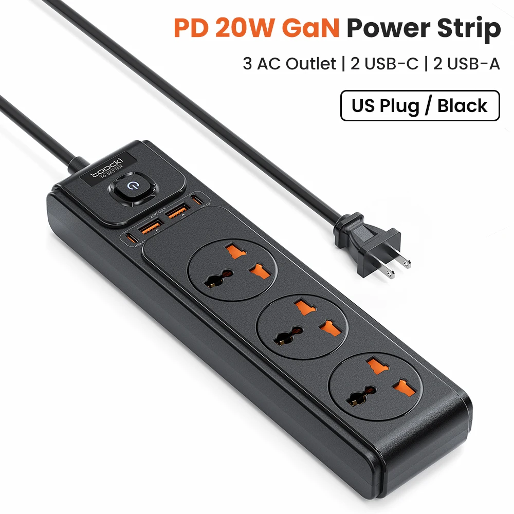 Toocki C35 Stekkerdoos Elektrische aansluiting Aarding 2M Verlengkabel 3AC-uitgang 2 USB-C 2 USB-A PD 20W Snellaadlader