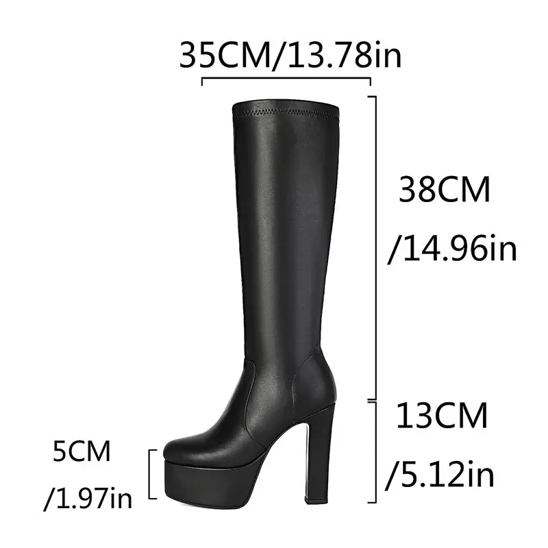 ORCHA LISA Black Women Knee High Boots Round Toe 13cm Block Heel 5cm Platform Zipper Plus Size 41 42 43 Sexy Dating Female Botas