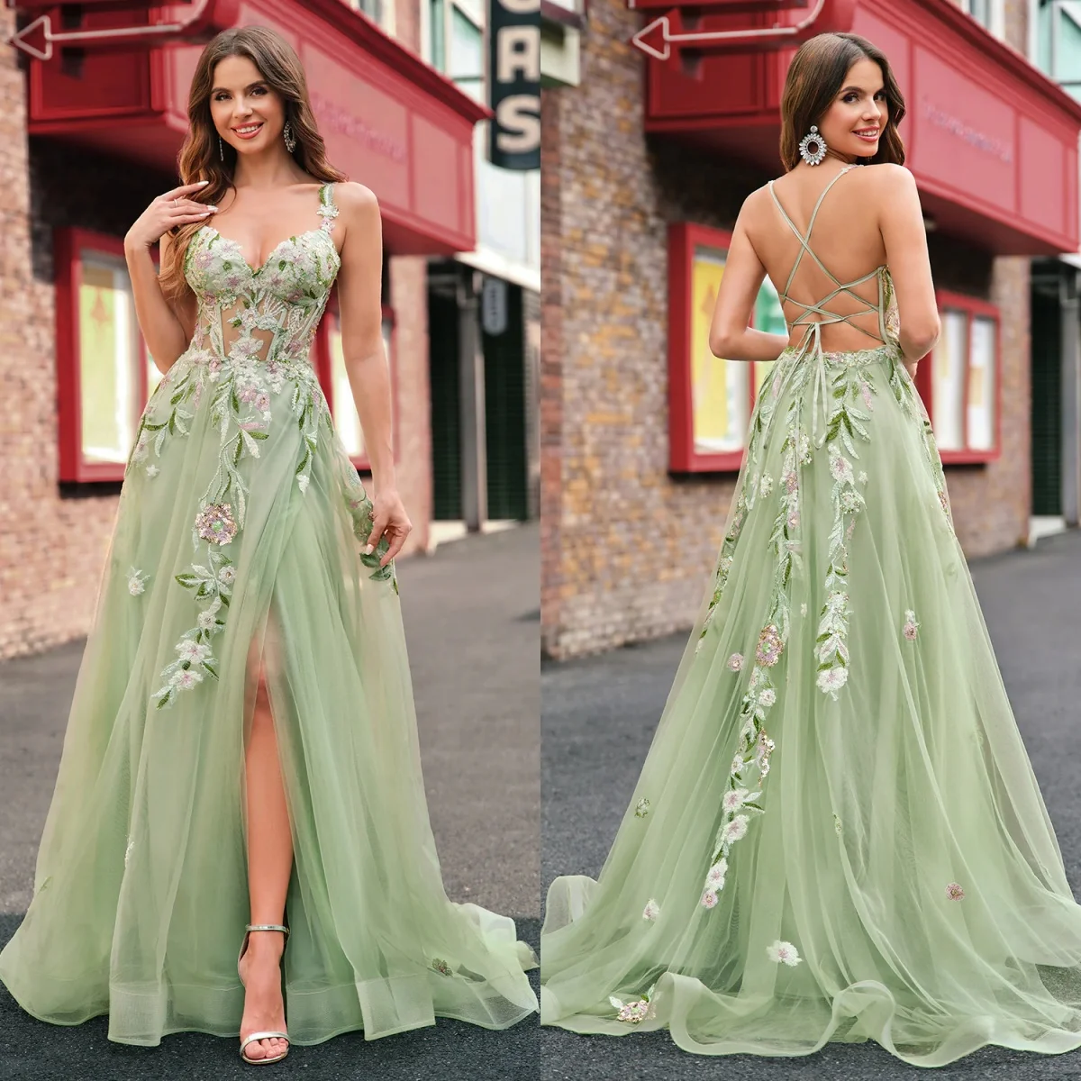 Charmoso verde uma linha vestidos de baile rendas apliques tule vestidos de noite glitter lantejoulas personalizado formal vestidos de festa de casamento