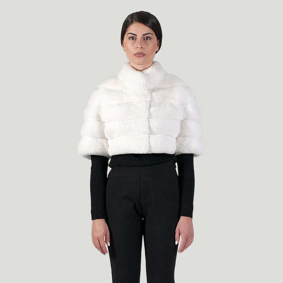 Abrigo de piel de conejo Rex auténtica, chaqueta de invierno para mujer, Bolero de conejo Rex Horizontal con mangas recortadas, abrigos de piel de conejo de lujo