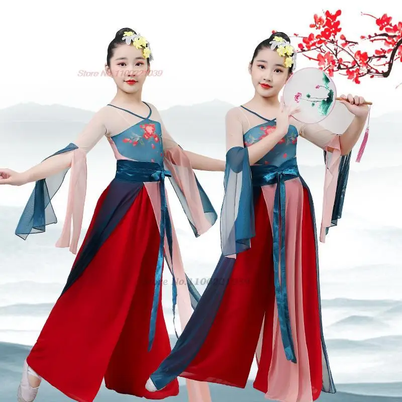 

2024 ancient chinese fairy dress children hanfu national flower print chiffon tops+pant set festival outfit folk dance costume