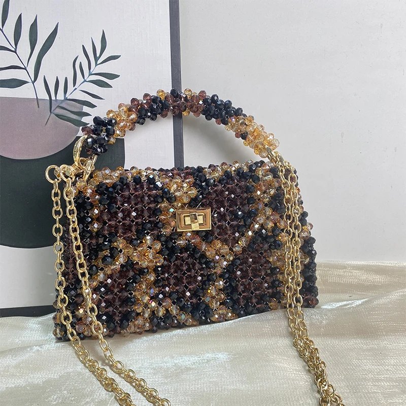 New Fashion High-end Design Small Square Bags Handmade Bead Leopard Print Production Brown Women's Bag Versatile Chain Handbag