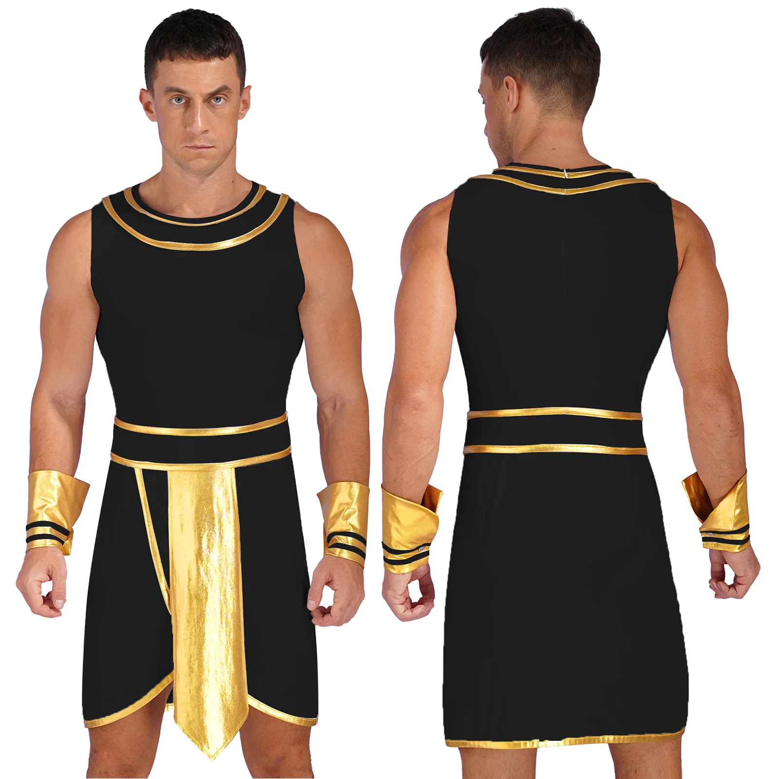 Mens Ancient Egypt Fancy Dress King Cosplay Pharaoh Halloween Outfit Round Neck Sleeveless Fantasia Cosplay Dress with Cuffs