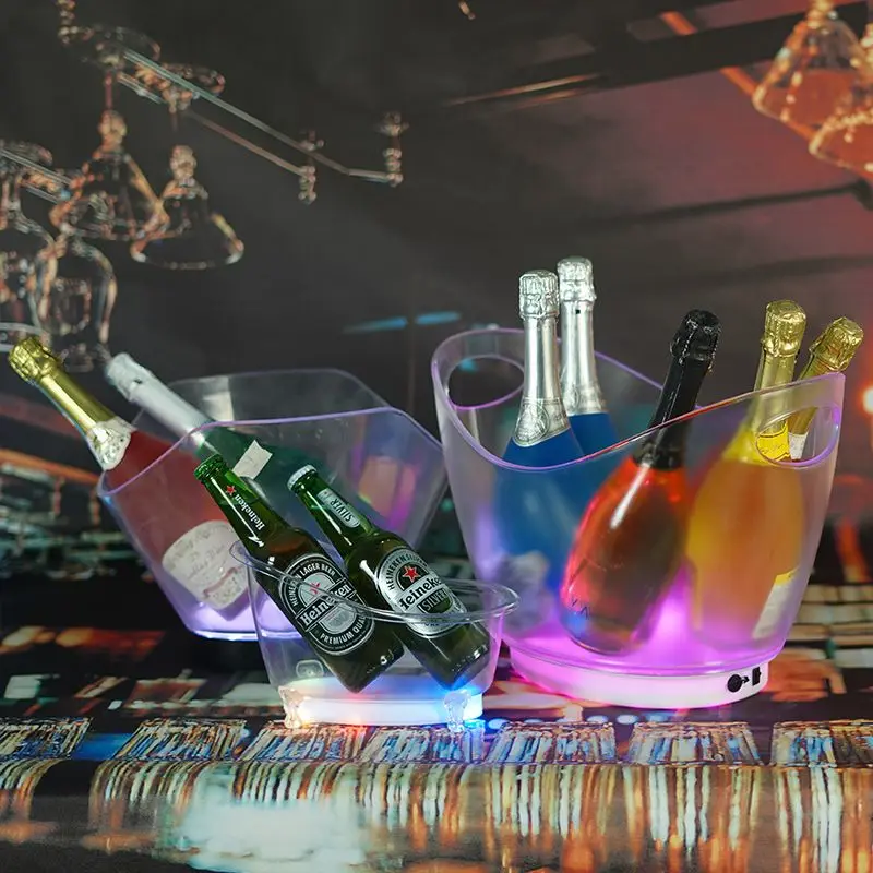 2L Transparent Acrylic Barrel Luminous Ice Cube Storage Buckets Bar Wine Bottle Cooler Container Light Up Champagne Wine Bucket