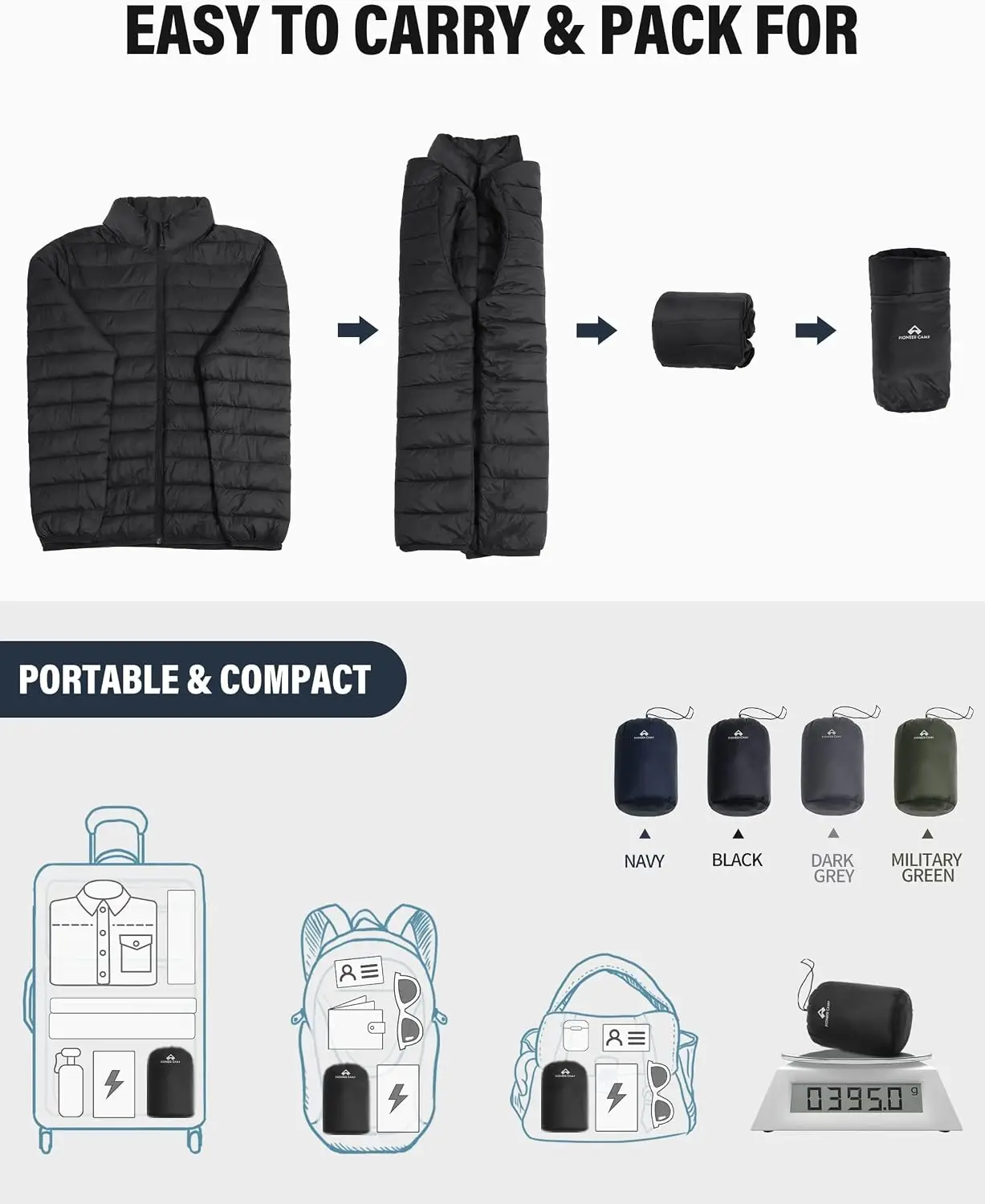 Pioneer Camp Mens Lightweight Packable Puffer Jacket Winter Insulated Puffy Coat Water Repellent Warm Quilted Jackets Travel
