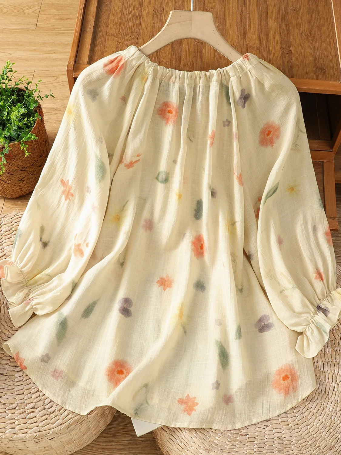 Doux Floral coton lin coupe ample rond Ne bouton up irt femmes été minceur Protection solaire sept Sve irt